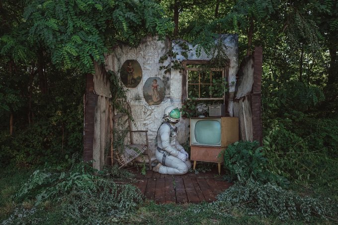An astronaut in a white spacesuit sits on a wooden floor inside an overgrown, abandoned room, watching an old television set surrounded by creeping ivy and hanging vines in a forest setting.