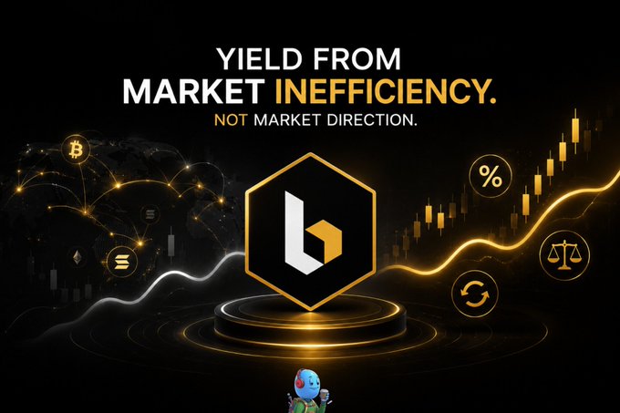 A graphic with the text 'YIELD FROM MARKET INEFFICIENCY. NOT MARKET DIRECTION.' featuring a 'b' logo and cryptocurrency symbols like Bitcoin.