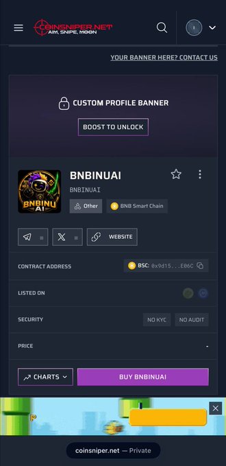 A screenshot from coinsniper.net showing the 'BNBINUAI' token listed on BNB Smart Chain, available to buy with options to view charts and website, noting 'No KYC' and 'No Audit' under security.