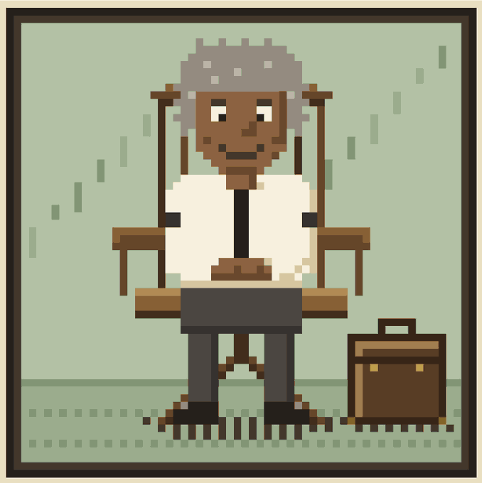 A pixel art illustration of an elderly person with grey hair sitting in a wooden chair beside a brown briefcase against a green background.