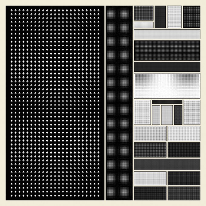An abstract graphic design features various black and white patterns including arrows, dots, and rectangles arranged in a grid-like layout.