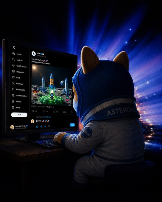 An anthropomorphic dog in an "ASTEROID" hoodie sits at a computer displaying an X post by HTX Global (@HTX_Global) about leaving soft behind, featuring rocket imagery and a child in a space helmet. The scene captures the post's "Mission control is online" sentiment, with the dog bathed in blue light against a starry, cosmic backdrop, ready to embark on its lunar journey.