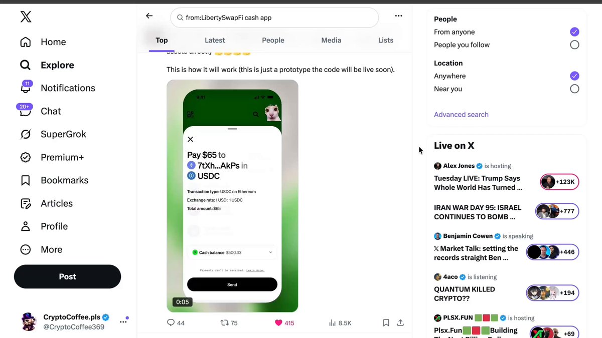 In the image, we can see a social media app with various posts displayed. One of these posts, named "Jack Dorsey Accidentally Built PulseChain's Perfect 57 Million User Onramp", suggests an interesting story about someone using a cash app on their phone to buy something called PLSX (Pretty Lid) from Jack Dorsey himself. The post seems to be informative and shares the details of how they managed to use the cash app with relative ease, likely saving money in the process.