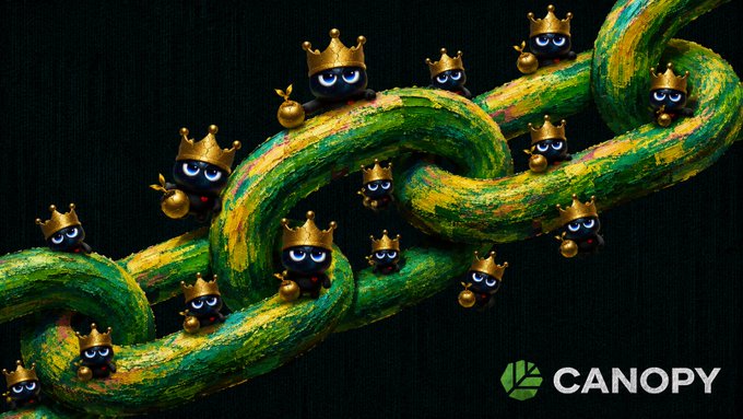 A digital artwork features a thick green chain wrapped around small, crowned black characters with the 'CANOPY' logo in the corner.