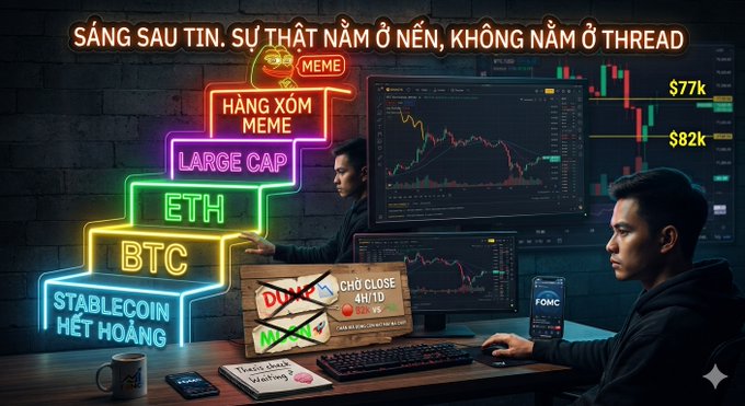 A stylized crypto trading scene with Vietnamese text reading 'SÁNG SAU TIN, SỰ THẬT NẰM Ở NỀN, KHÔNG NẰM Ở THREAD,' showing neon signs for STABLECOIN, BTC, ETH, LARGE CAP, and HÀNG XÓM MEME with BTC at $77k/$82k.