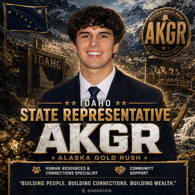 A promotional political graphic for 'AKGR' (Alaska Gold Rush) featuring a smiling young man in a suit, labeled 'IDAHO STATE REPRESENTATIVE', set against a gold mining background.