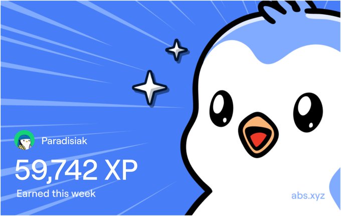 A screenshot from abs.xyz showing a user named 'Paradisiak' who earned 59,742 XP this week, accompanied by a cute cartoon penguin character with sparkling eyes.
