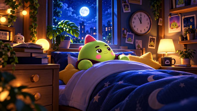 A cute green cartoon creature with rosy cheeks and small horns lies in a cozy bed under a star-patterned blanket, surrounded by warm lamps, potted plants, and pictures on the wall, with a full moon visible through the window.