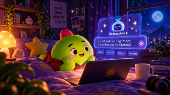 A 3D-rendered illustration of a cute green character with a red hat using a laptop on a bed, interacting with a 'Sleepagotchi AI' chatbot asking 'Is it still self care if I go to bed at 3am but take my vitamins?!'