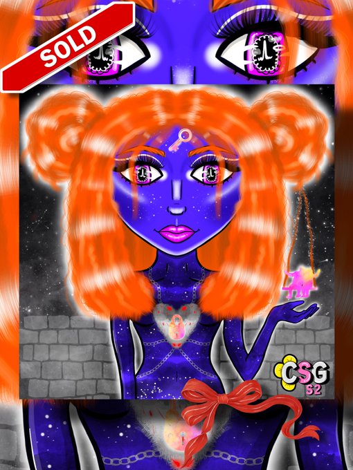 A vibrant digital artwork of a purple-skinned character with bright orange hair, doll-like eyes, and a small yellow pet, marked with a "SOLD" tag and the watermark "CSG 52".