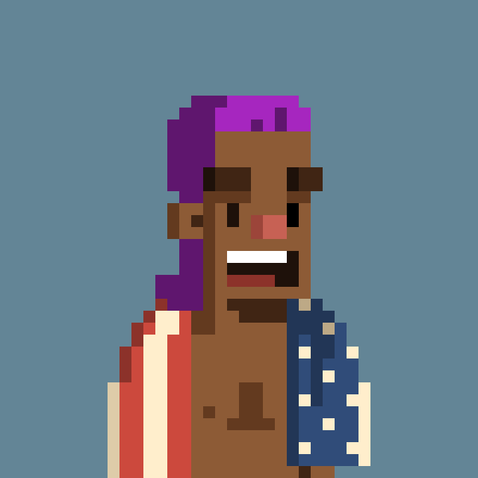 A pixel art illustration depicts a smiling person with purple hair wearing a red garment and holding a blue patterned scarf against a solid blue background.
