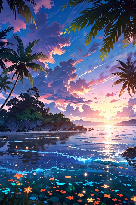 A vibrant, anime-style illustration depicts a tropical beach scene at sunset, with palm trees silhouetted against a colorful sky and bioluminescent waves glowing on the shore.