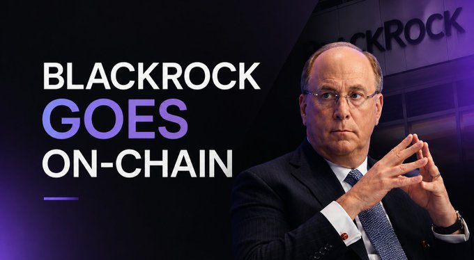 The image features a man in a dark suit with glasses, likely BlackRock CEO Larry Fink, alongside the bold text "BLACKROCK GOES ON-CHAIN" set against a dark background with the "BlackRock" logo partially visible. The caption reinforces the article's message about BlackRock's continued expansion into tokenized assets, visually branding the shift from tokenization experimentation to institutional blockchain infrastructure.
