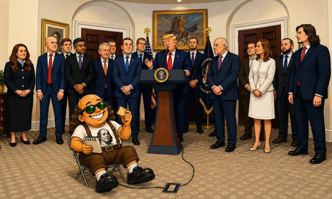 An AI-generated cartoon illustration depicts a press conference in the White House featuring Donald Trump at the podium, with various figures standing behind him and a hippie character seated in front holding a microphone.