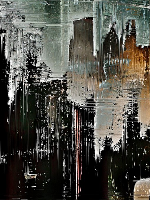 An abstract painting featuring heavy, textured vertical strokes of black, white, gray, and ochre colors, creating a glitchy, distorted cityscape effect.