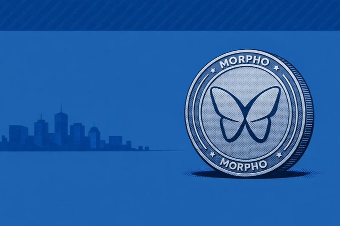 A digital illustration of a silver 'MORPHO' cryptocurrency coin with a butterfly logo, displayed against a blue city skyline silhouette background.