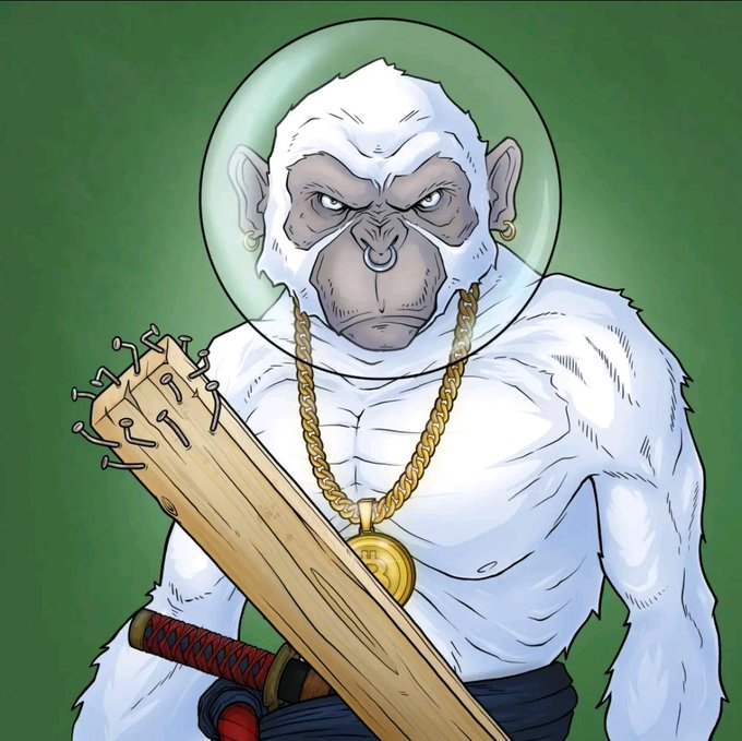 A muscular white-furred monkey with an angry expression, gold hoop earrings, a nose ring, and a thick gold chain medallion stands holding a wooden spiked bat, while wearing a space helmet—a bold, intimidating mascot image that mirrors the post's combative tone about being an unshakable, community-driven NFT/crypto project holder ready to defend the floor price.