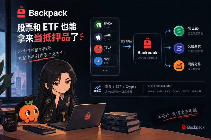 A Backpack promotional graphic featuring an anime-style character at a laptop with an orange mascot, illustrating how stocks like NVDA, AAPL, TSLA, and ETFs like SPY can be used as collateral for borrowing USD, trading futures, and spot trading through Backpack's unified portfolio.