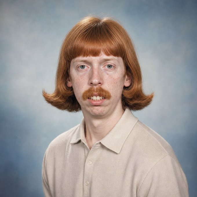 A portrait of a person with red hair, a distinctive mustache, and freckles wearing a beige polo shirt.