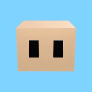 A simple illustration of a tan cardboard box with two black rectangular openings resembling eyes on a light blue background.