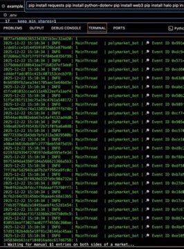 This image shows a terminal output with lines of code and timestamps, likely demonstrating the technical execution of trades on Polymarket. It visually represents the "Chinese AI dev" and the bot activity mentioned in the accompanying post.
