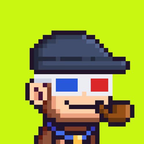A pixel art illustration of a character wearing a dark fedora hat and red-blue 3D glasses, holding a brown pipe in their mouth against a bright lime green background.