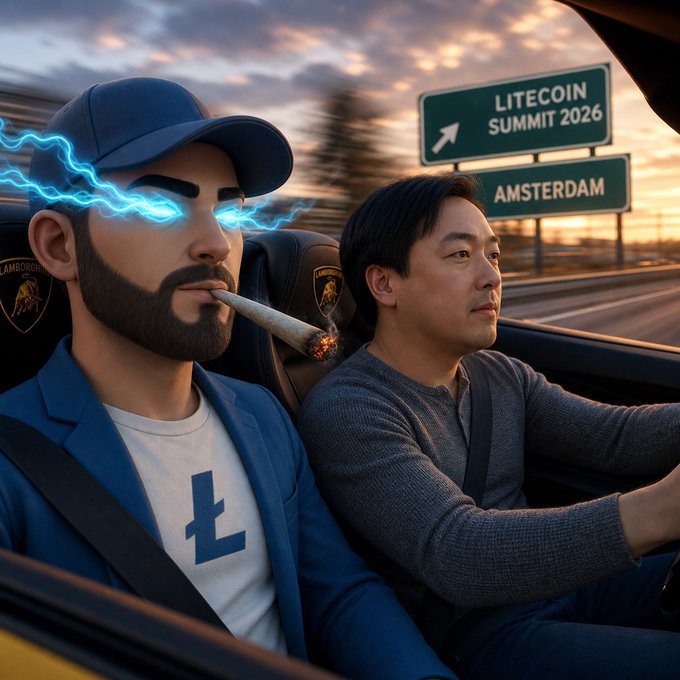 The image shows two men sitting inside a car, with one of them holding a cigarette and smoking while the other man looks out the window at an intersection. The background features a street sign for "Litecoin Summit 2016 Amsterdam".