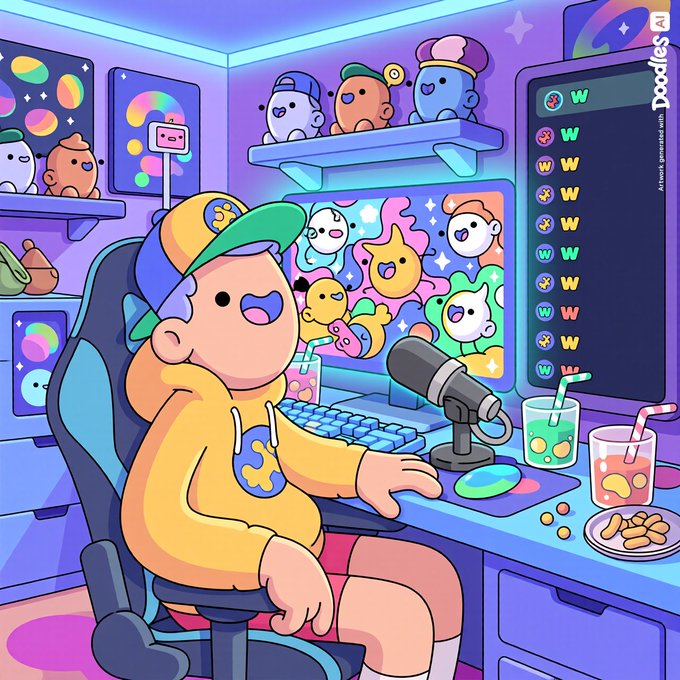 AI-generated Doodles character artwork showing a mascot in a yellow hoodie gaming at a PC setup with snacks and drinks, with 'Artwork generated with Doodles' watermark.