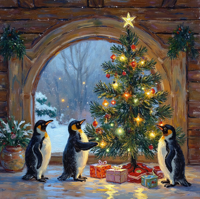A festive painting depicts three penguins standing around a decorated Christmas tree with presents, viewed through an arched wooden cabin window showing a snowy winter scene.