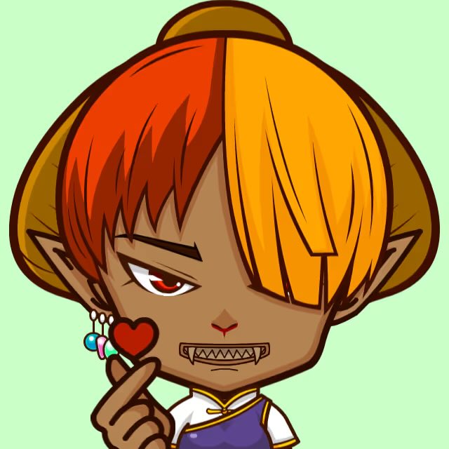 A cartoon-style illustration of a character with half-orange, half-blonde hair, pointed ears, fangs, and colorful earrings holding up a heart-shaped lollipop.
