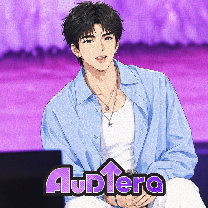Anime-style illustration of a dark-haired male idol with earrings and a star necklace, wearing a light blue open shirt over a white tank top while holding a microphone, set against a vibrant purple stage backdrop. The stylized "Audiera" logo in purple and white appears at the bottom, tying into the post's theme of AI-powered music idols and the Web3 venture featuring characters Kira and Ray exploring the future of AI-driven music experiences.