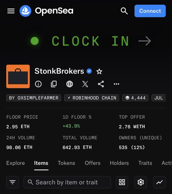 A screenshot of the OpenSea NFT marketplace showing a collection called 'StonkBrokers' on the Robinhood Chain, with a floor price of 2.95 ETH and 24-hour volume of 98.06 ETH.