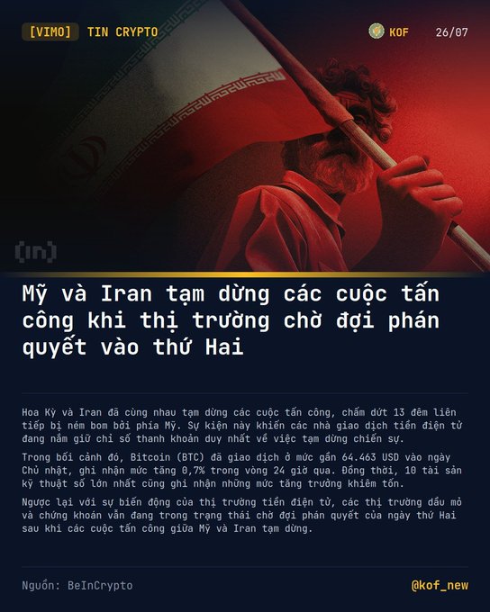 A Vietnamese crypto news post by @kof_new titled 'Mỹ và Iran tạm dừng các cuộc tấn công khi thị trường chờ đợi phán quyết vào thứ Hai' reports that the US and Iran have paused attacks, with Bitcoin trading near $64,463 USD.