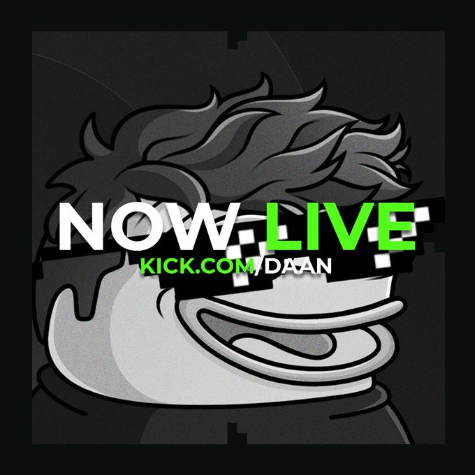 A digital graphic featuring an anime-style character's head with the text 'NOW LIVE' in large white and green letters, and 'KICK.COM/DAAN' below it.
