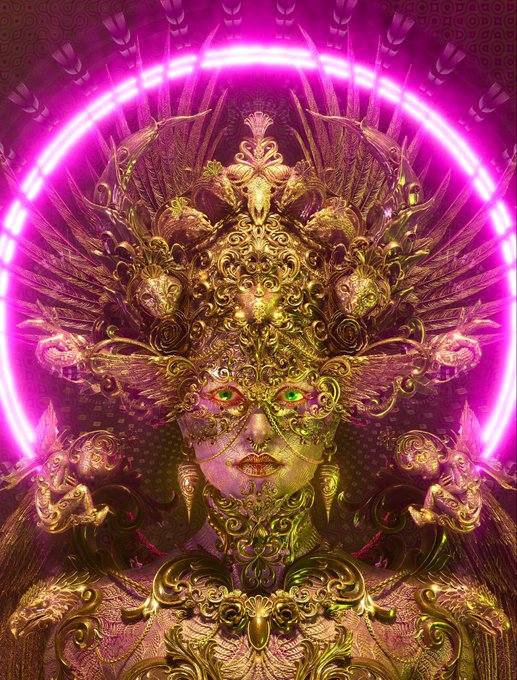 An ornate, golden deity-like figure with green eyes and intricate filigree details, set against a glowing pink neon halo.