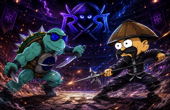 A stylized illustration depicting a battle between a Teenage Mutant Ninja Turtle with sunglasses and knives and a cartoon-style martial artist warrior with a conical hat and spear, set against a purple "RWI" logo backdrop.
