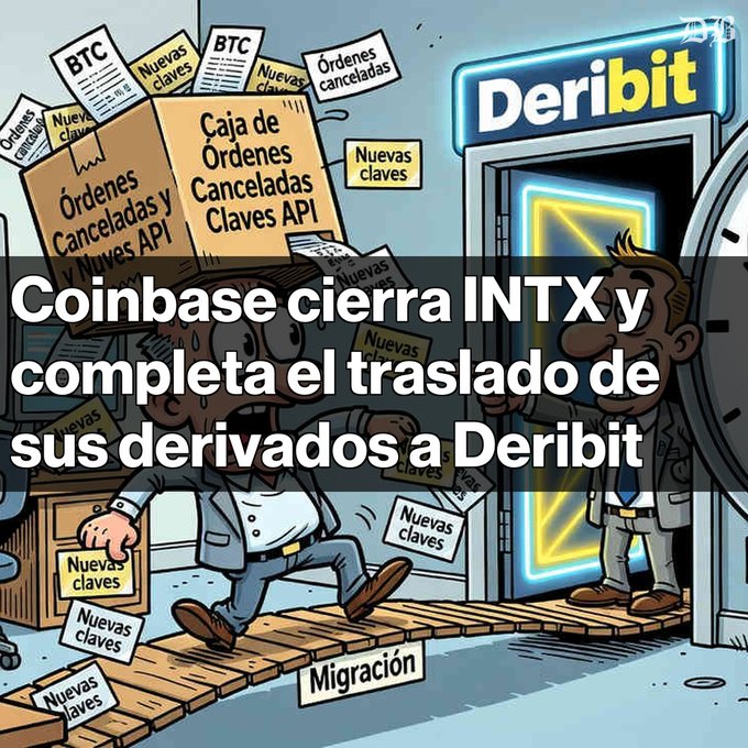 Cartoon illustration showing people running with boxes labeled 'Órdenes Canceladas Claves API' toward a vault marked 'Deribit', overlaid with Spanish text: 'Coinbase cierra INTX y completa el traslado de sus derivados a Deribit'.