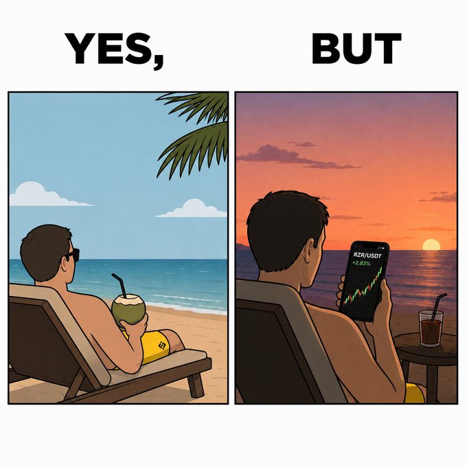 A 'YES, BUT' comic comparing a man relaxing on a beach with a coconut during the day versus the same man watching a stock chart (RZR/USDT, +2.83%) on his phone at sunset.