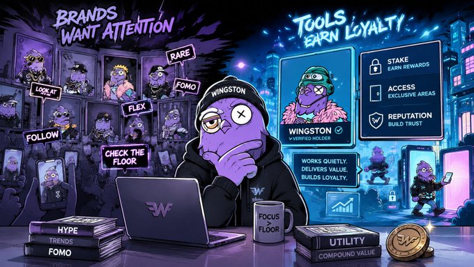 A purple cartoon character labeled 'WINGSTON' sits at a laptop, contrasting 'BRANDS WANT ATTENTION' (FOMO, HYPE) on the left with 'TOOLS EARN LOYALTY' (STAKE, ACCESS, REPUTATION) on the right.