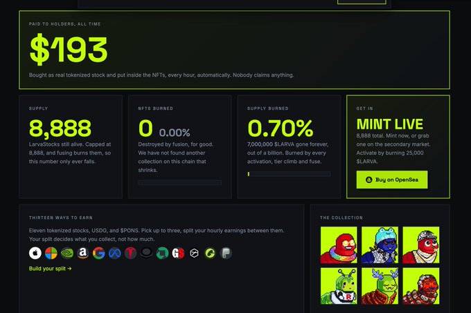 A dashboard for LarvaStocks ($LARVA) displaying $193 paid to holders all time, a supply of 8,888 with 0.70% supply burned and zero NFTs burned, alongside a "Thirteen Ways to Earn" section and a collection of colorful cartoon larva characters, supporting the post's claim that stakers are receiving growing rewards.
