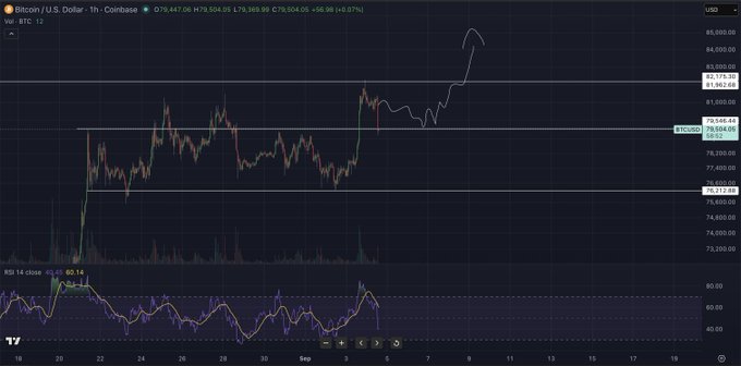 A TradingView chart of Bitcoin (BTC/USD) on a 1-hour timeframe shows price action trading around $79,504 with a notable rally highlighted by a hand-drawn white line projecting a potential upward path, aligning with the post's "Path 2?" speculation about Bitcoin's next directional move. The RSI indicator at the bottom reads 60.14, supporting a bullish but not overbought momentum.
