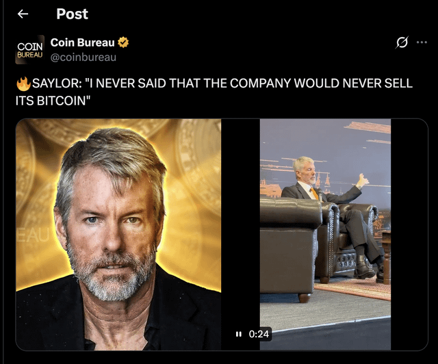 The image features a man with a beard, wearing a suit and tie, sitting in a chair while holding up his hand as if giving a thumbs-up gesture. The background of the image shows a black screen displaying two photos - one of the man's face and another of him seated on a couch or armchair. The post includes text that reads "Saylor on Micro strategy selling bitcoin 43 / 51".