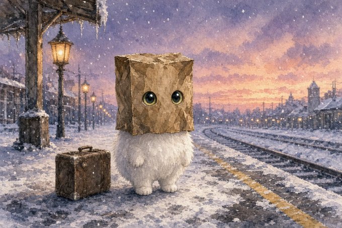 A whimsical illustration depicts a fluffy white creature wearing a brown paper bag on its head, standing on a snowy train platform next to a suitcase.
