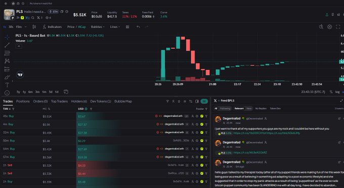 A TradingView interface showing a chart for 'PLS' (PulseInu) with a price of $5.51K, displaying a candlestick pattern and a feed of recent trades and tweets on the right side.