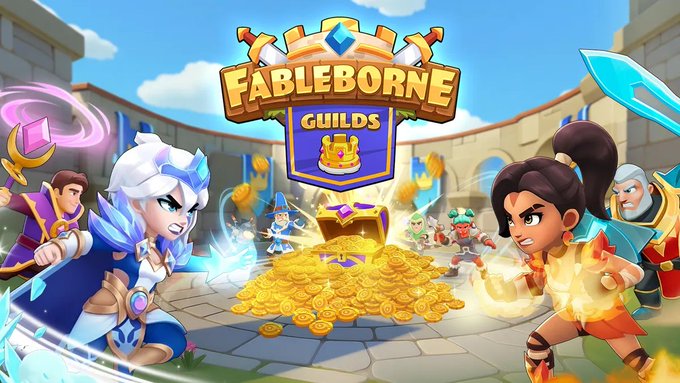 Promotional artwork for "Fableborne Guilds" featuring diverse fantasy characters gathered around a treasure chest overflowing with gold coins, illustrating the post's call to join a guild before Season 5 begins. The vibrant scene of warriors, mages, and treasure directly reinforces the message about finding a team to compete for rewards and prepare for upcoming battles.