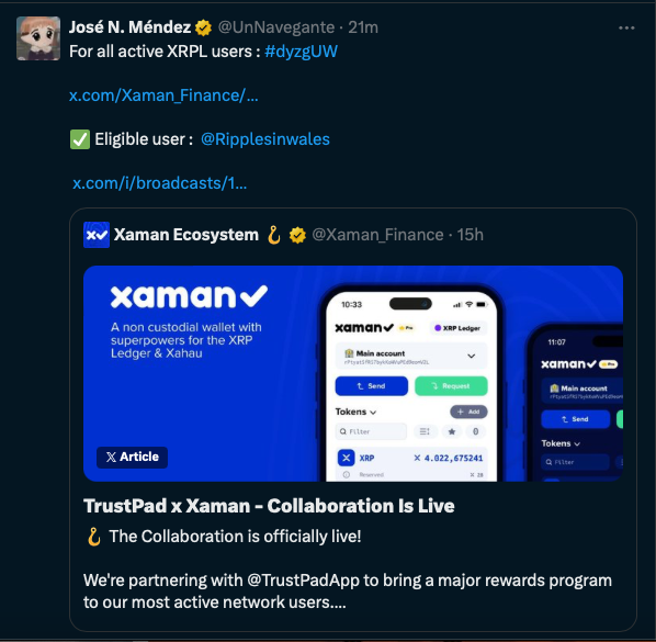 The image shows a tweet from "José N. Méndez" (@UnNavegante) promoting an XRPL giveaway, tagging an "Eligible user" @Ripplesinwales and quoting a post from Xaman Ecosystem (@Xaman_Finance) announcing a "TrustPad x Xaman - Collaboration Is Live" rewards program. The tweet exemplifies the bot scam posts mentioned in the accompanying message, as it uses phishing-style links and fakes an official-looking Xaman announcement to lure users into clicking fraudulent links.