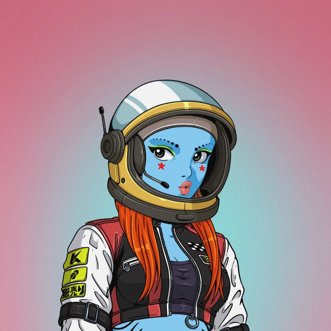 A blue-skinned anime-style female character with orange hair wears a yellow-and-white astronaut/racing helmet and a flight suit with a "K" patch, set against a pink-to-blue gradient background.

The image appears to be promotional artwork for the @Kageuri_com giveaway post, likely representing the project's mascot/character to attract entries for the 7 GTD whitelist and wallet submission.