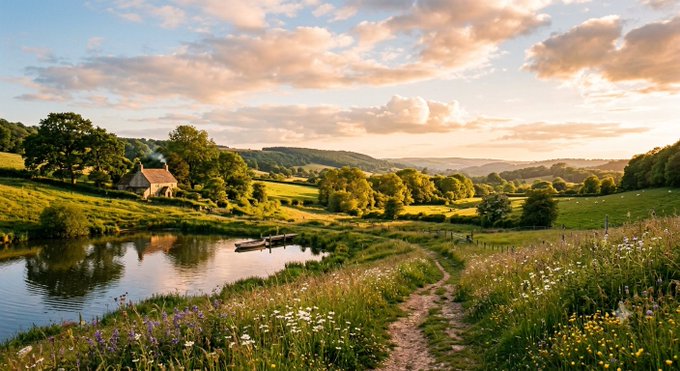 A serene pastoral landscape at sunset, featuring a cottage beside a calm pond with a small boat, a dirt path winding through wildflowers, and rolling green hills under a cloudy sky.