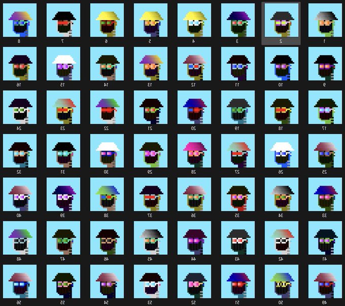 A grid of pixel-art CryptoPunk style NFT avatars with various hat and accessory traits, numbered in hexadecimal (e.g., #5 is highlighted).
