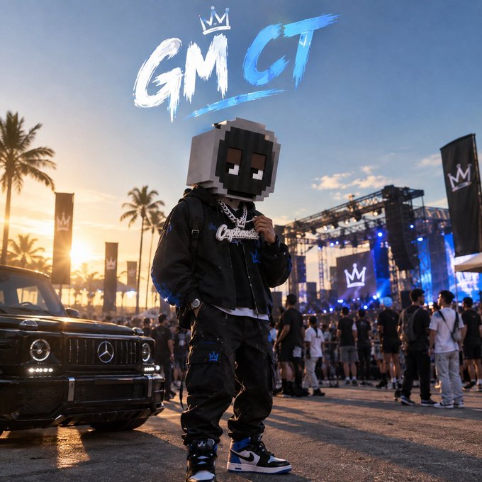 A person wearing a blocky pixelated head mask and dark clothing poses in front of a black Mercedes G-Wagon at an outdoor event, with 'GMCT' graffiti-style text and crown logos on banners in the background.
